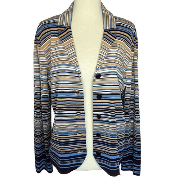 Vintage Jones New York Cardigan Sweater Button Front Size M Striped Blues Tan - Picture 1 of 10